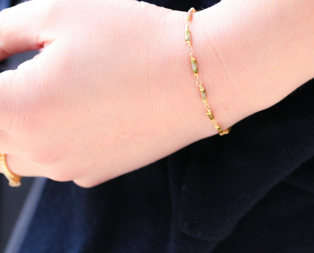 Delicate Unakite Bracelet: Gold Chain, Karen Hill Tribe Beads