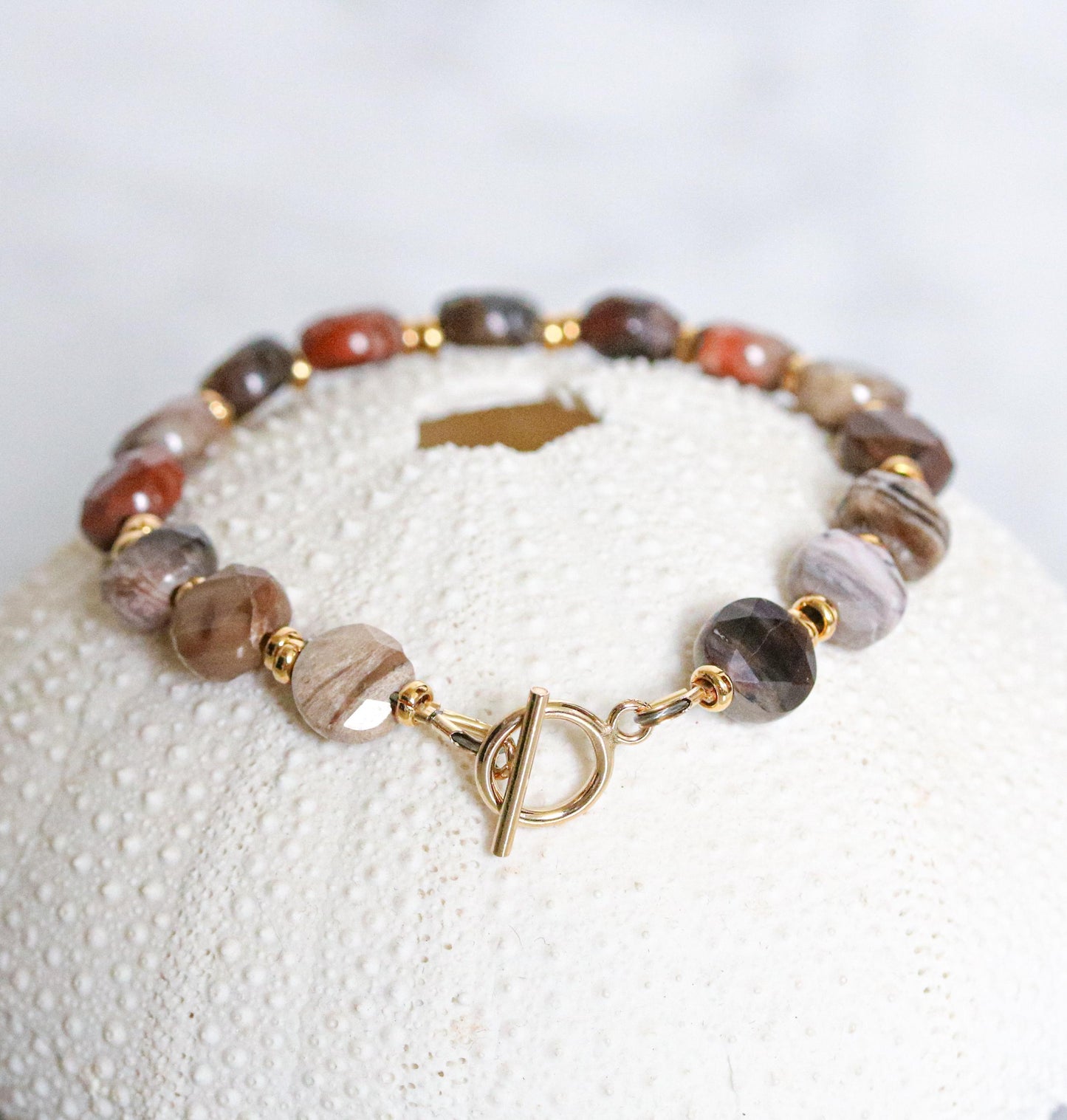 Fossilized Wood Bracelet: Karen Hill Tribe Gold Fill, Gemstone Toggle Clasp