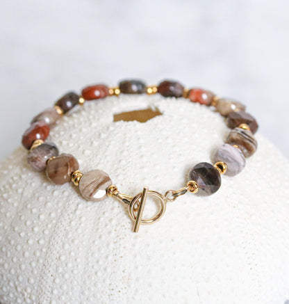 Fossilized Wood Bracelet: Karen Hill Tribe Gold Fill, Gemstone Toggle Clasp