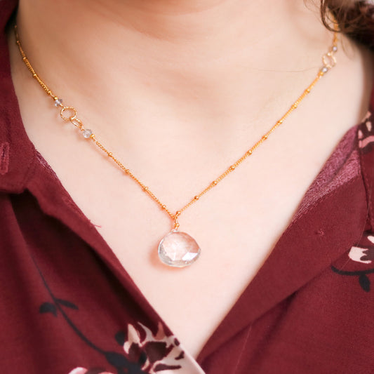 Handmade Rutilated Quartz Gold Ball Chain Necklace - Asymmetric Design
