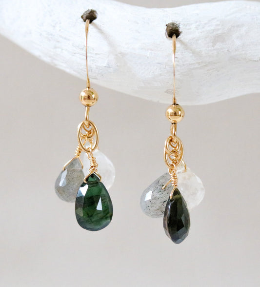 Dainty Tourmaline Quartz Gemstone Earrings: Gold Filled Teardrop Links