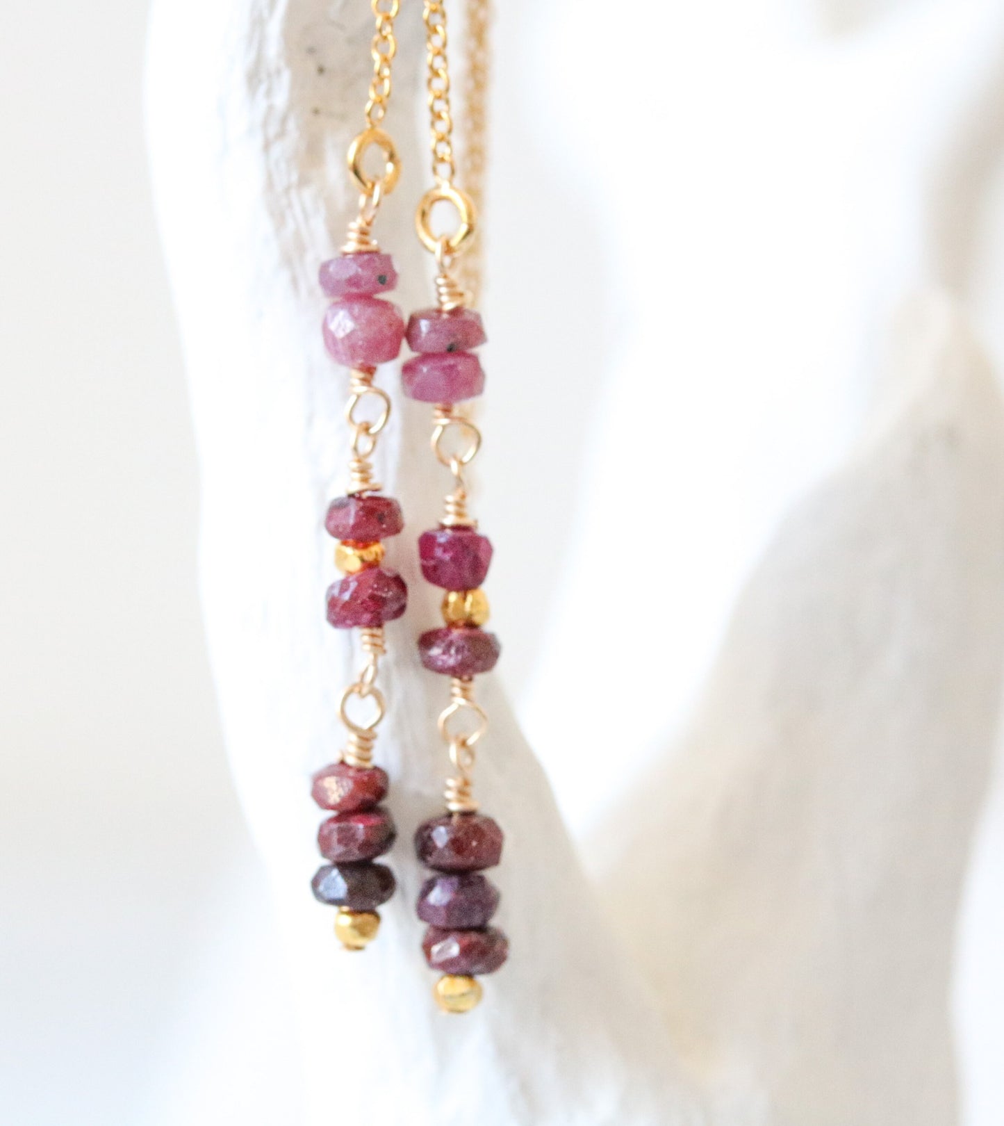 Handmade Ruby Threader Earrings: July Birthstone, Gold Fill Jewelry