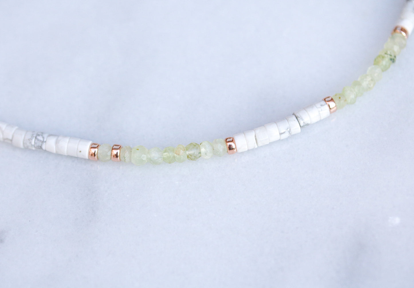 Peridot & Howlite Heishi Choker: Rose Gold Surfer Style Necklace