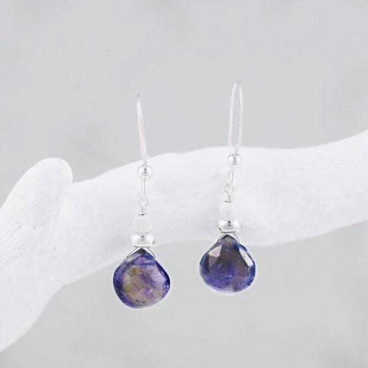 Faceted Iolite Gemstone Sterling Silver Drop Earrings - Handmade Paris