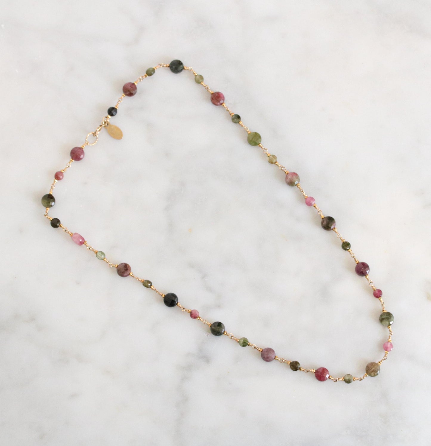 Faceted Tourmaline Coin Necklace: 14k Gold Fill, October Birthstone