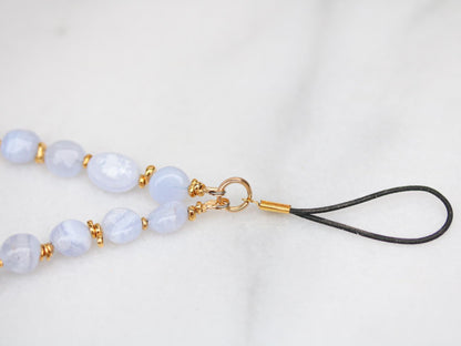 Lace Agate Phone Charm: Gold Vermeil Beaded Wrist Strap, Handmade in France