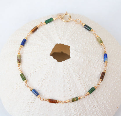 Lapis Lazuli Agate Bracelet: Gold Fill Chain, Karen Hill Tribe Beads