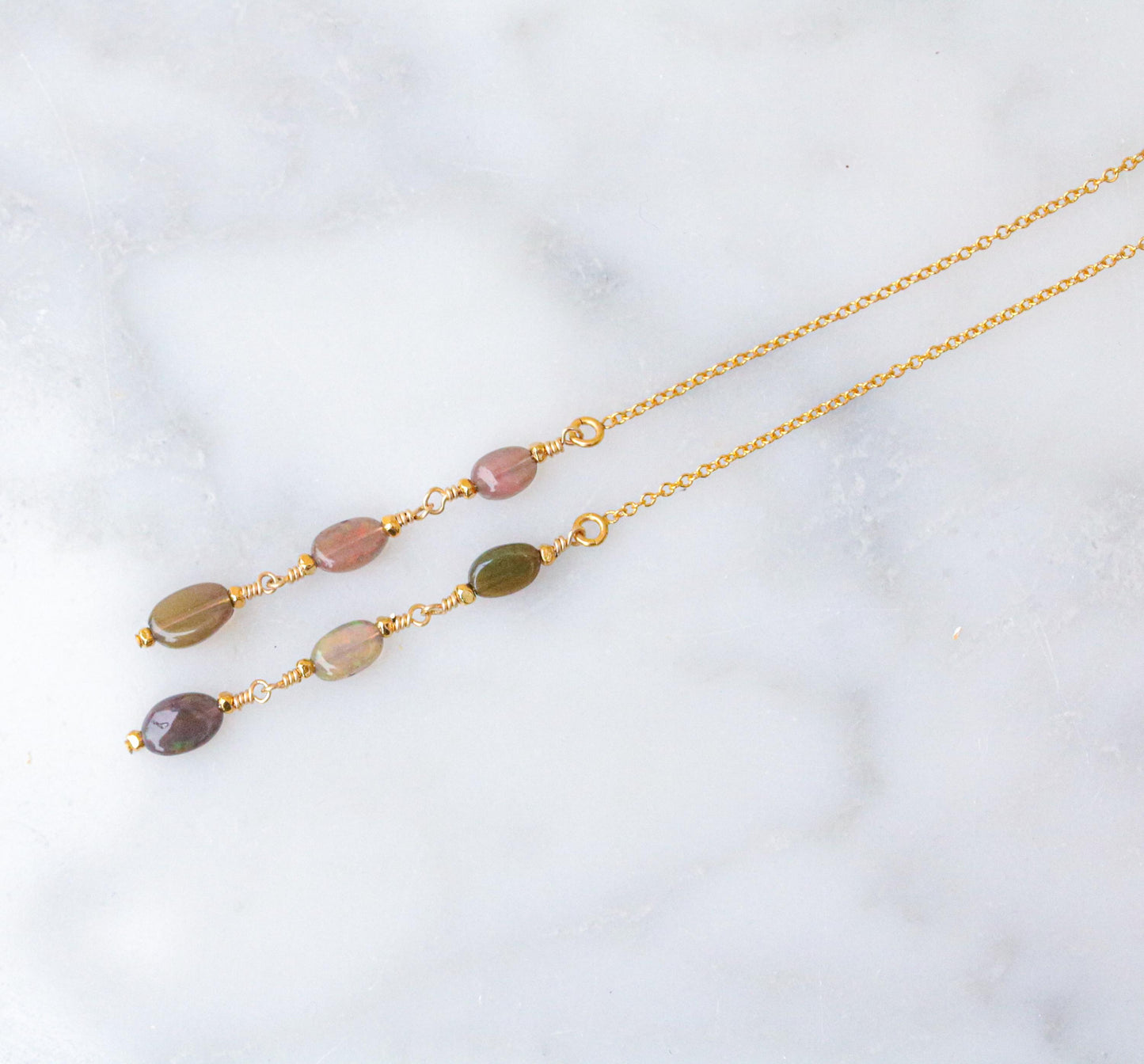 Ethiopian Opal Threader Earrings: Handmade 14k Gold Fill, October Birthstone