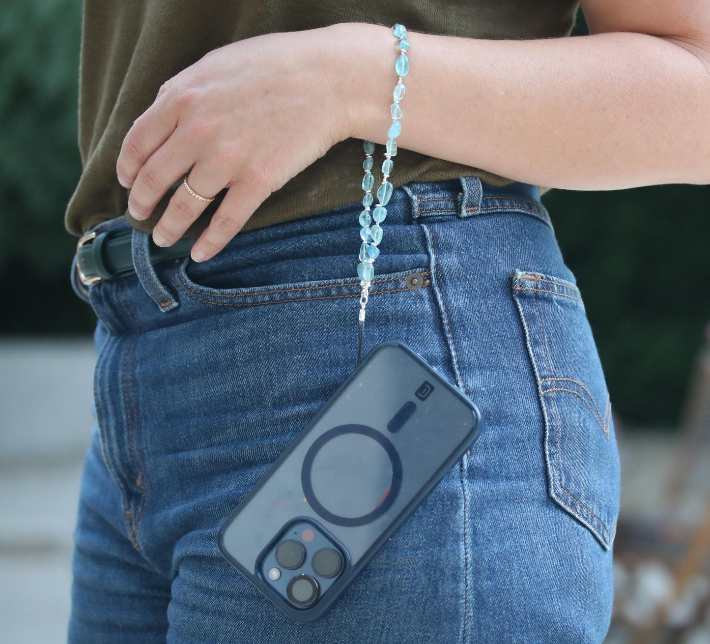 Aquamarine Gemstone Phone Charm: Sterling Silver Accents, Handmade in France