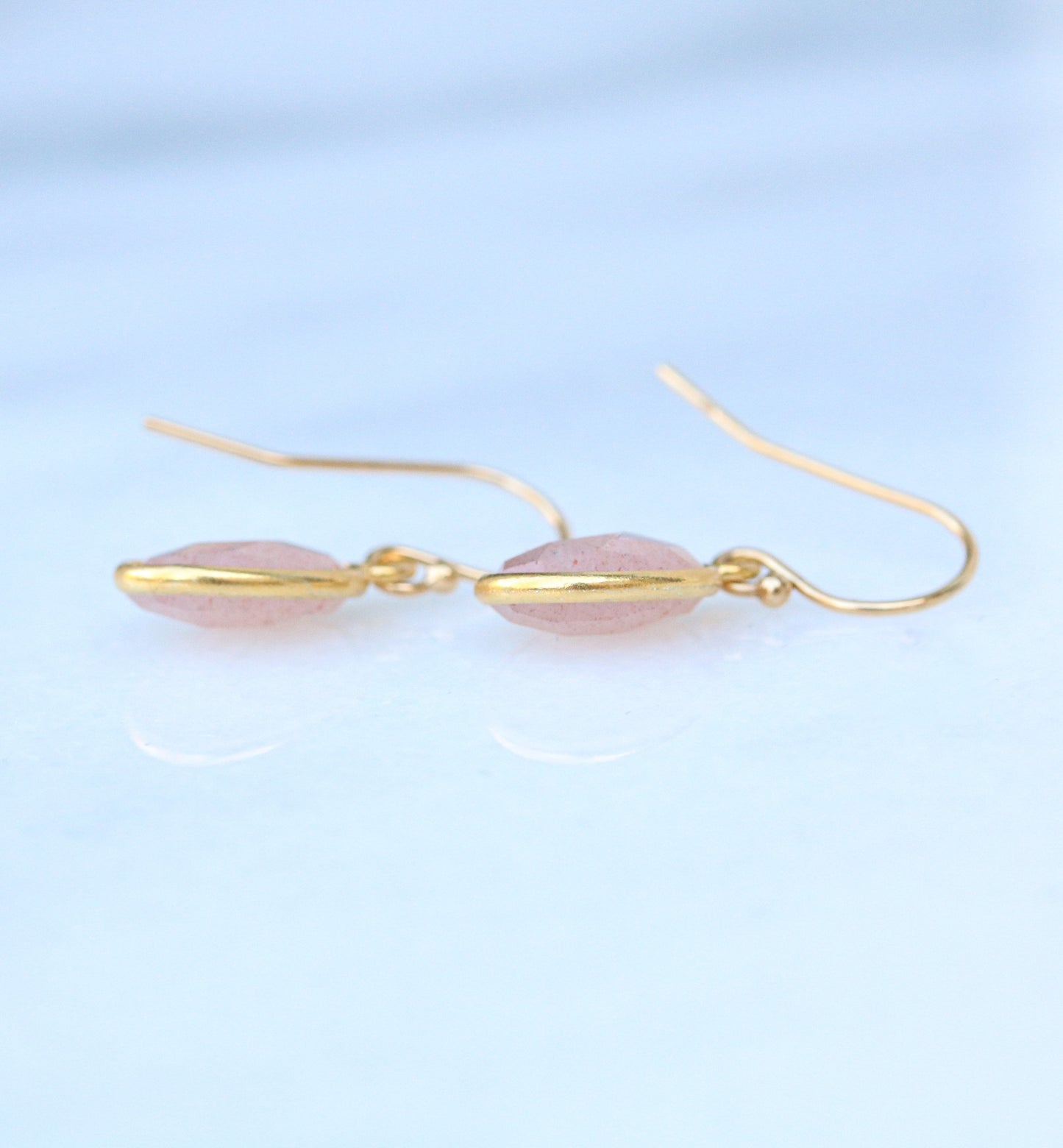 Sunstone Gold Filled Earrings: 14k Bezel Set, Peach Pink Gemstone