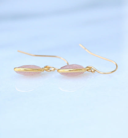 Sunstone Gold Filled Earrings: 14k Bezel Set, Peach Pink Gemstone