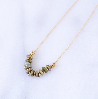 Unakite Jasper Rondelle Necklace: 14ct Gold Fill Chain, Adjustable Length