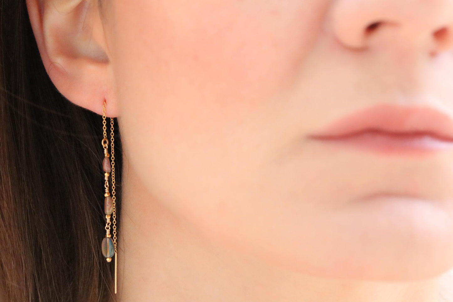 Ethiopian Opal Threader Earrings: Handmade 14k Gold Fill, October Birthstone