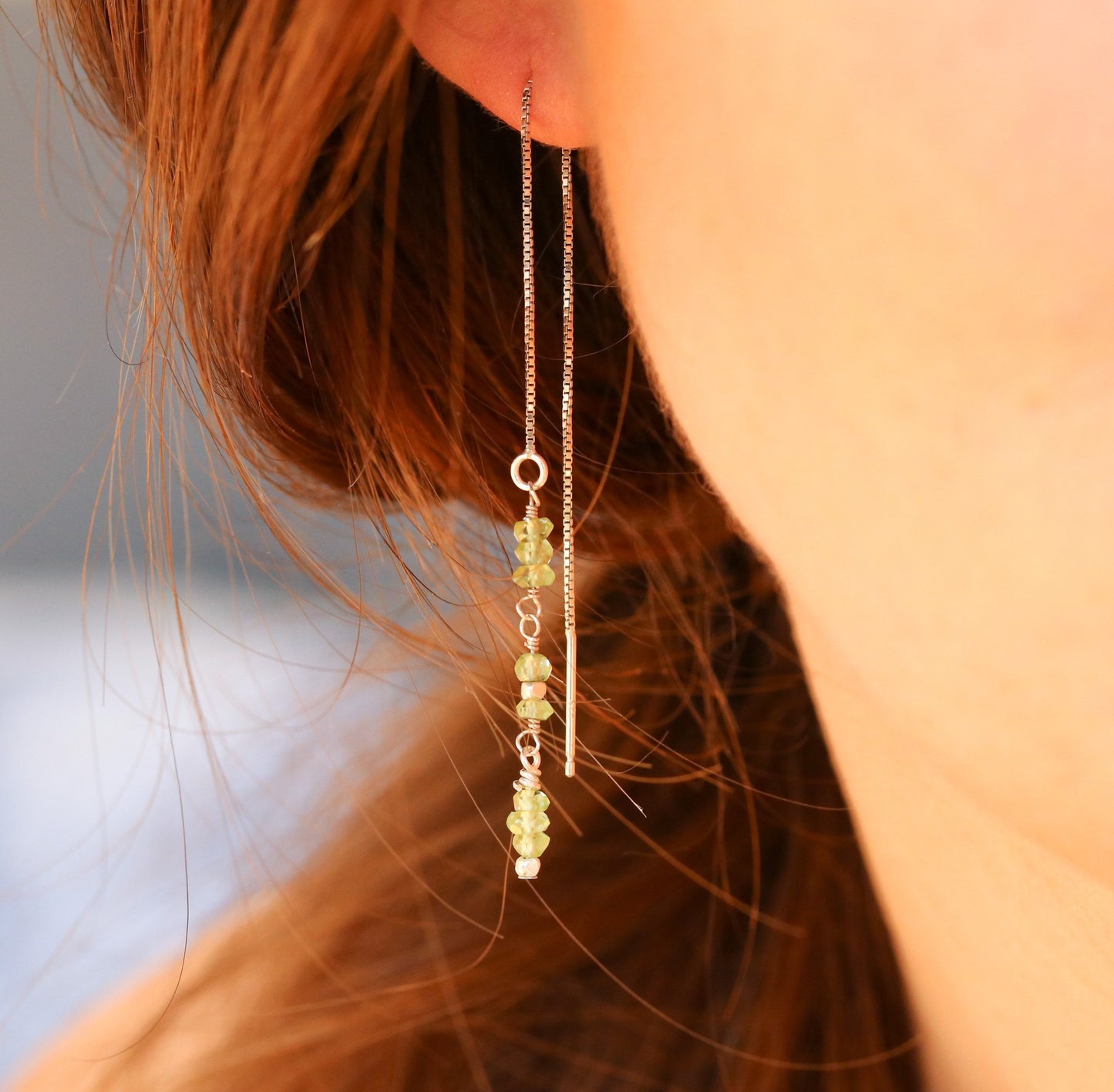 Handmade Peridot Gemstone Threader Earrings: Sterling Silver, Gold or Rose Gold Fill