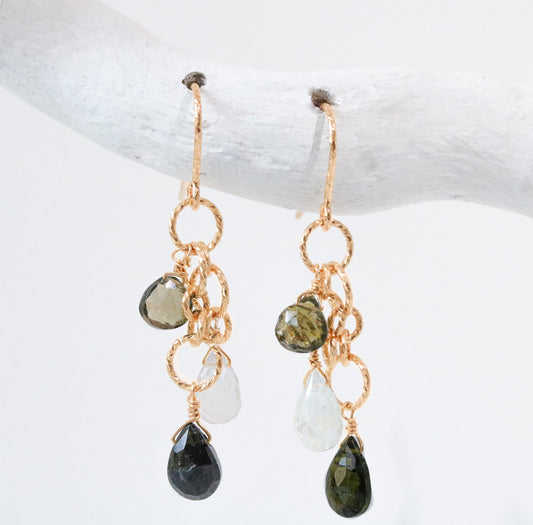 Hammered Gold Filled Earrings: Tourmaline & Aquamarine Gemstone Dangles