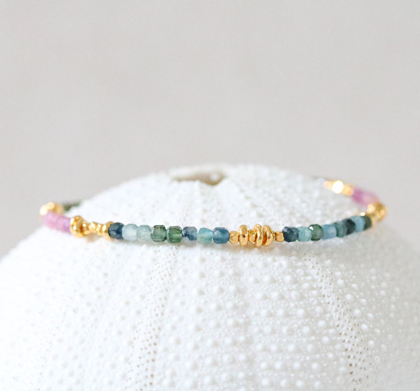 Faceted Tourmaline Mini Cube Bracelet: Gold Karen Hill Tribe Beads