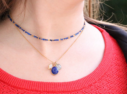 Gold Charm Necklace: Moonstone, Lapis Lazuli & Aqua Chalcedony