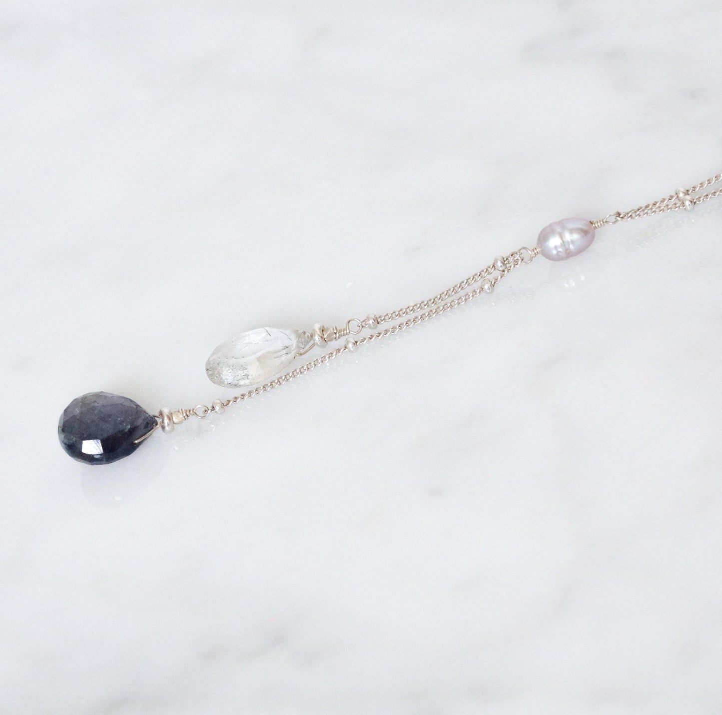 Iolite & Quartz Lariat Necklace: Solid Silver Gemstone Jewelry