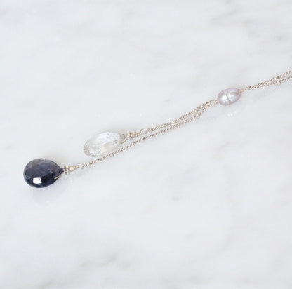 Iolite & Quartz Lariat Necklace: Solid Silver Gemstone Jewelry