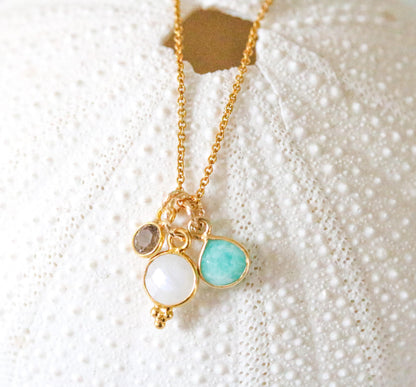 Faceted Moonstone, Smoky Quartz & Amazonite Gold Necklace