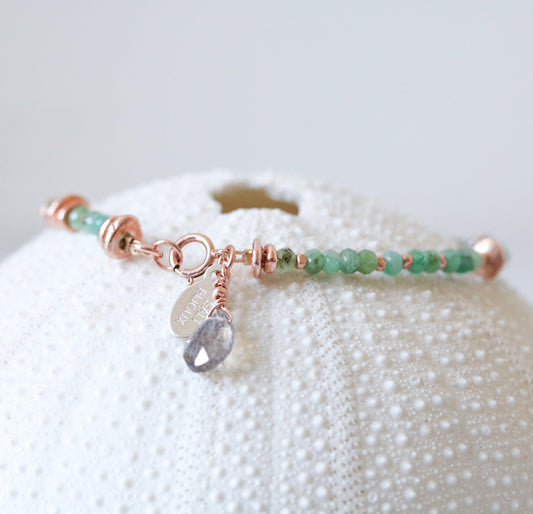 Emerald Rose Gold Bracelet: Karen Hill Tribe Nugget Bead with Labradorite Charm