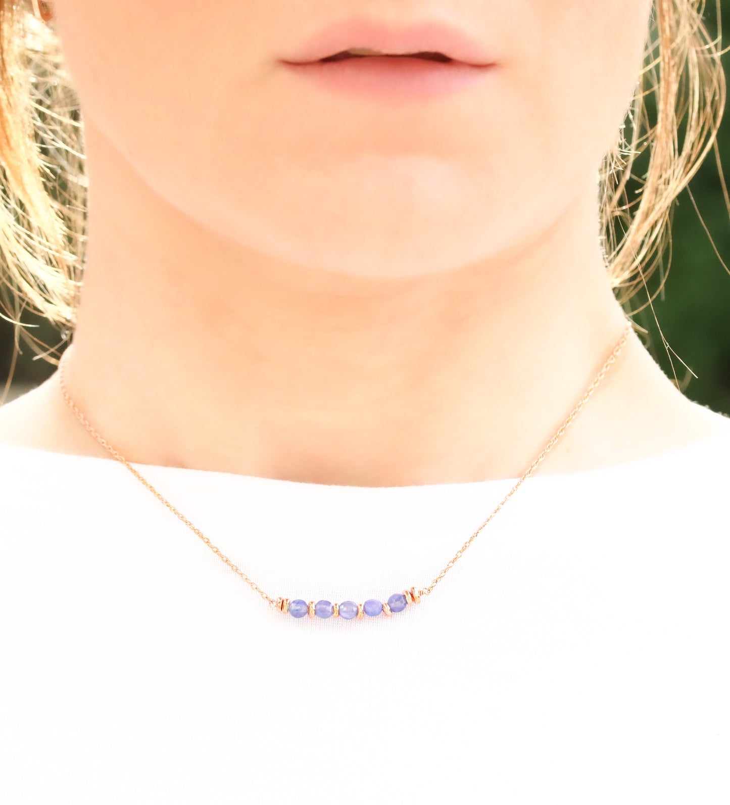 Tanzanite Coin Gemstone Bar Necklace: 14ct Rose Gold Fill