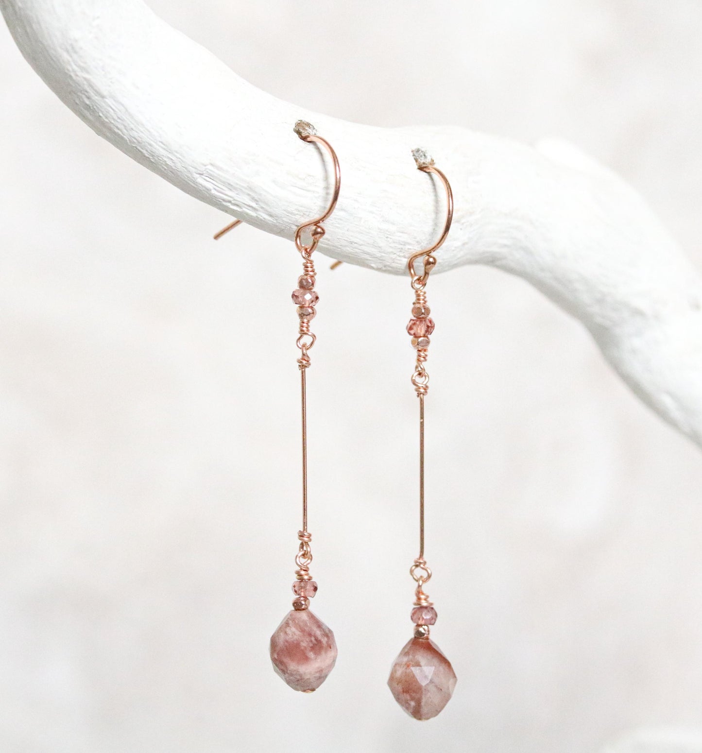 Fossilized Wood Rose Gold Drop Earrings: Gemstone Dangle Earrings