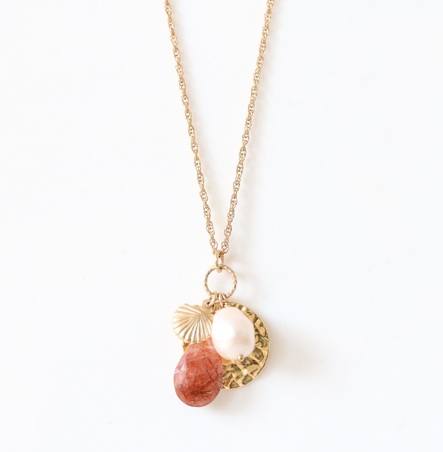 Rutilated Quartz and Pearl Gold Charm Necklace - June Birthstone