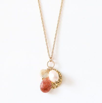 Rutilated Quartz and Pearl Gold Charm Necklace - June Birthstone