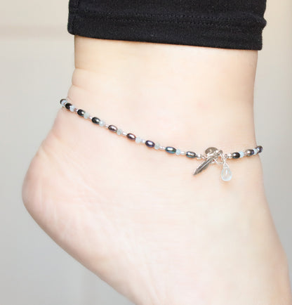 Handmade Pearl & Aquamarine Anklet: Silver Feather Charm