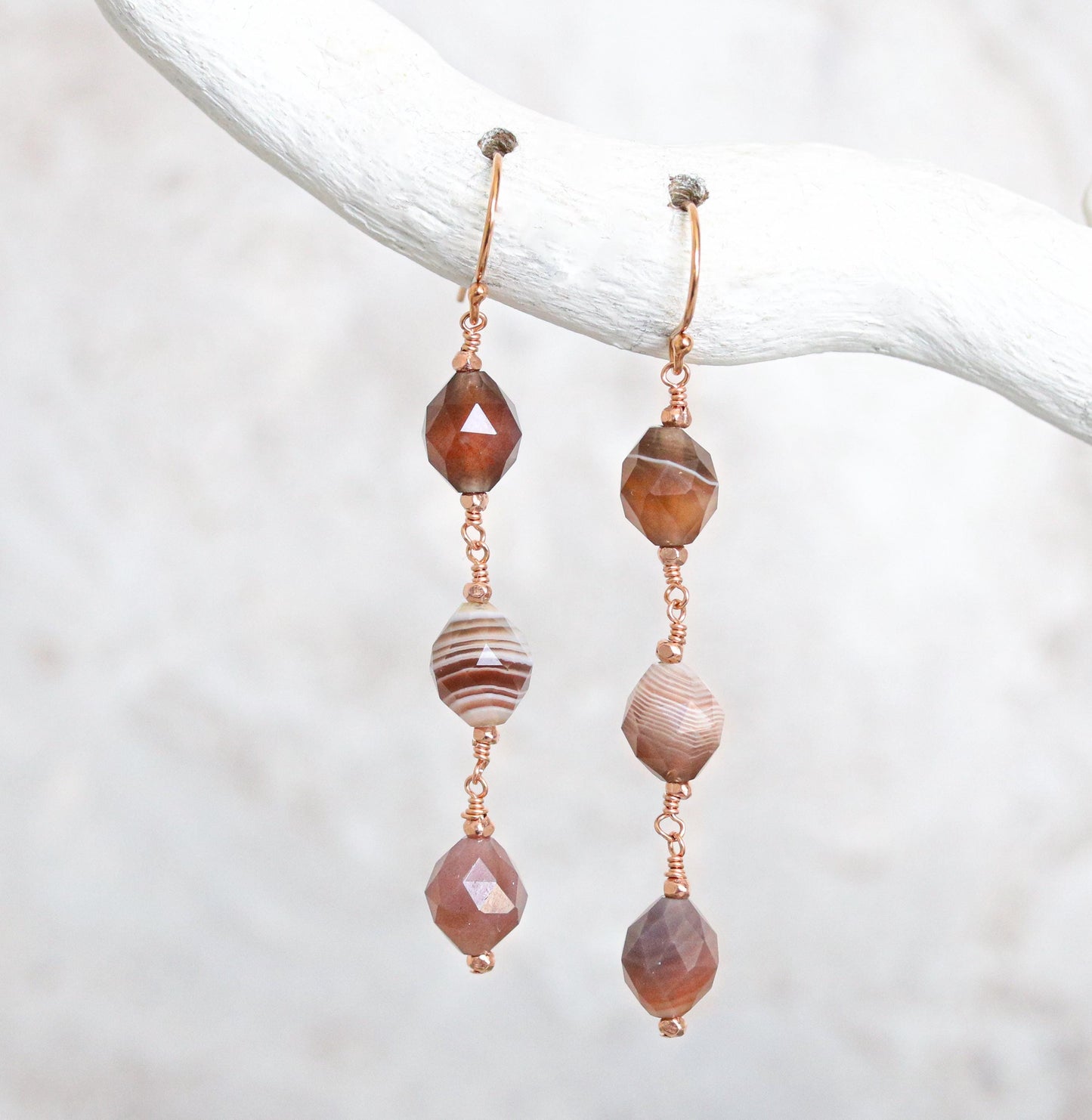 Handmade Rose Gold Botswana Agate Drop Earrings: Unique Gemstone Jewelry