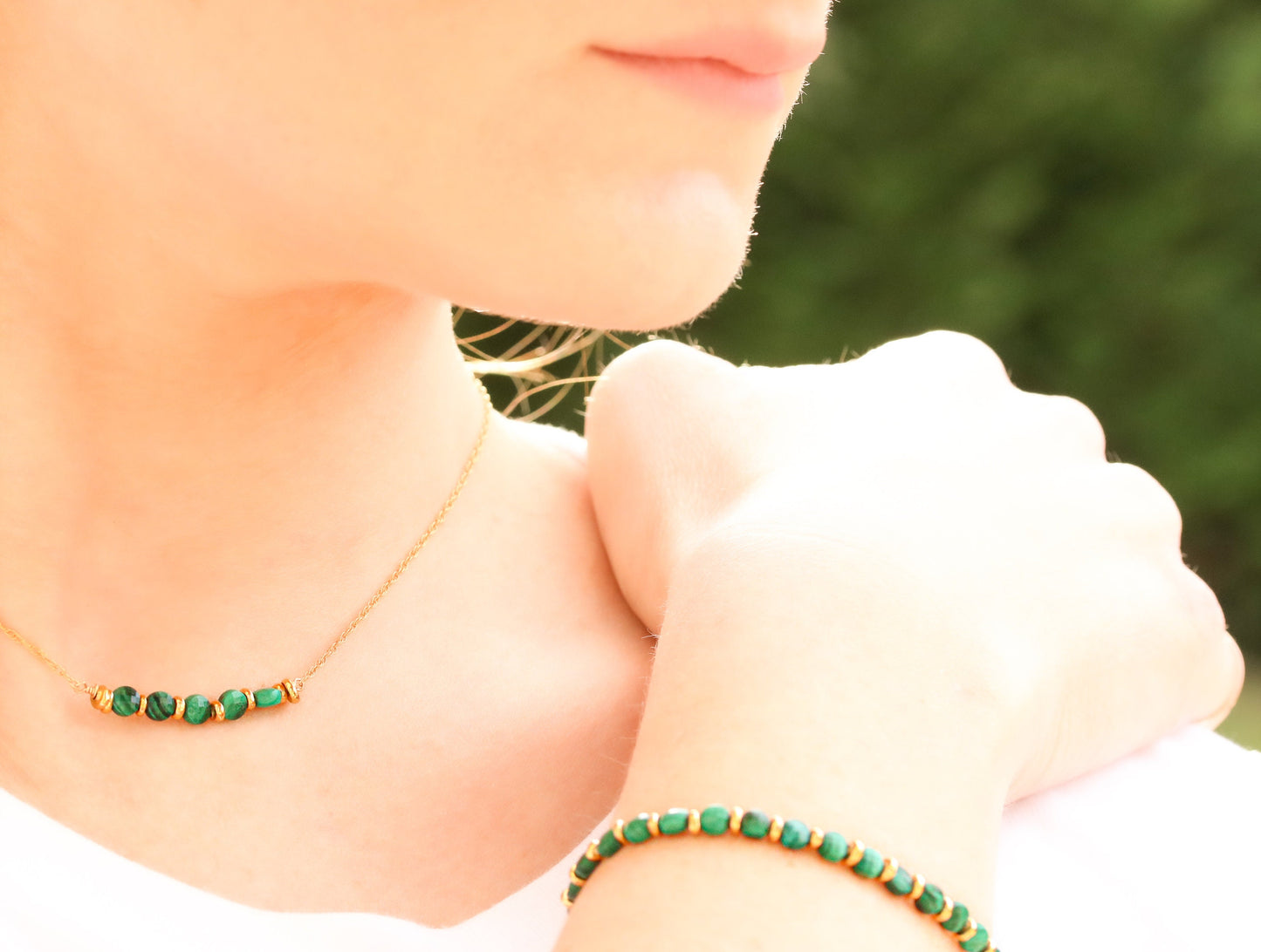 Malachite Coin Bar Necklace: 14ct Gold Fill Chain, Adjustable Fit