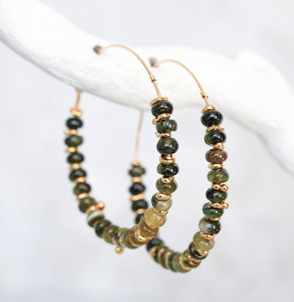 Handmade Green Tourmaline Hoop Earrings: 14k Gold Fill Gemstone Hoops