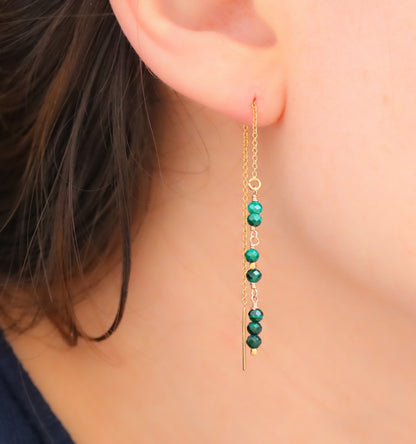 Handmade Malachite Threader Earrings: Rose Gold Fill, Taurus Birthstone