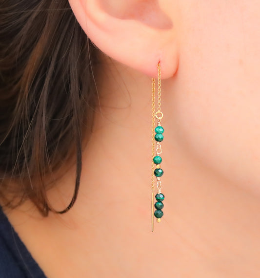 Handmade Malachite Threader Earrings: Rose Gold Fill, Taurus Birthstone