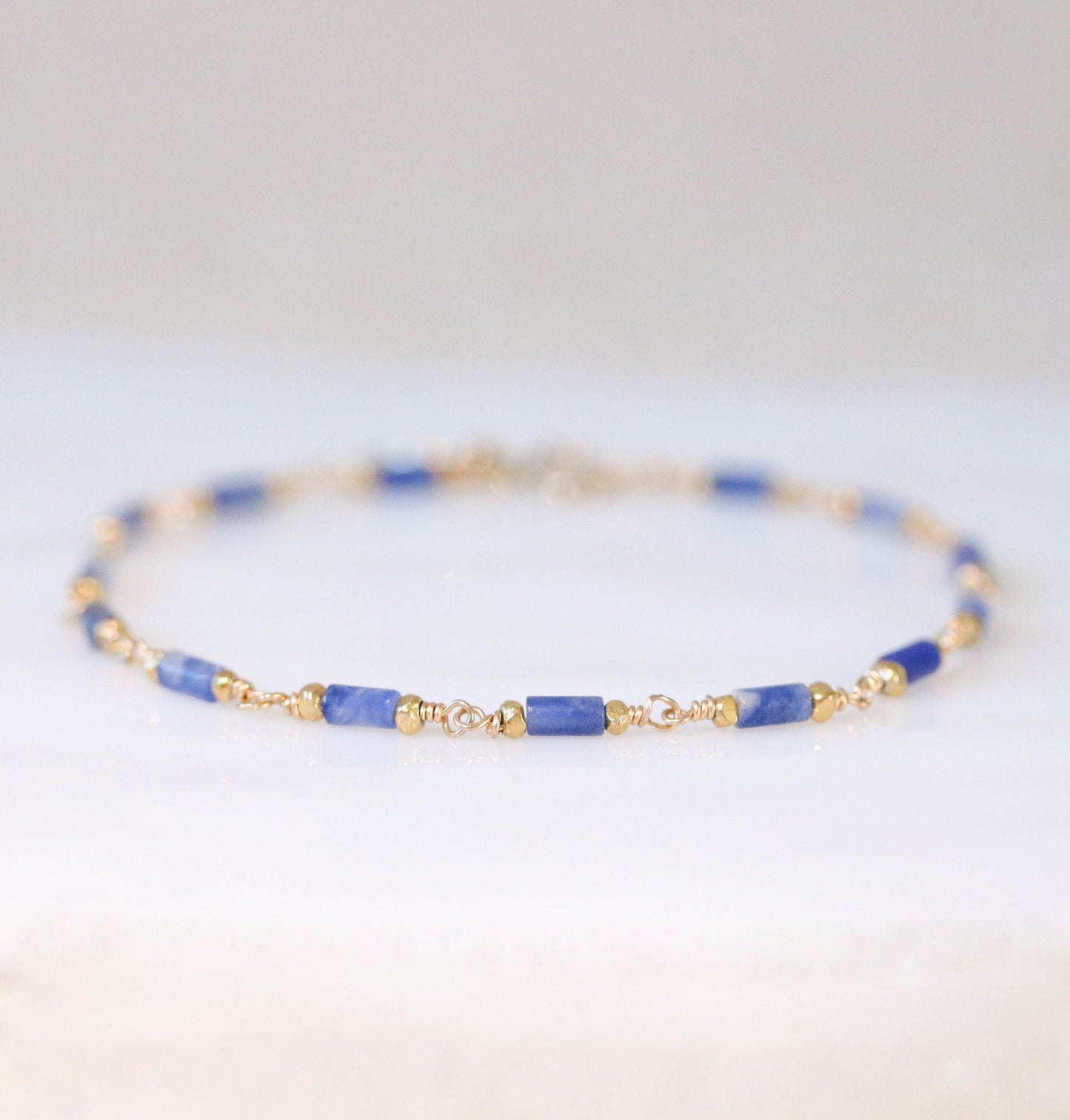 Sodalite Beaded Bracelet: Gold Karen Hill Tribe Beads, Dainty Chain