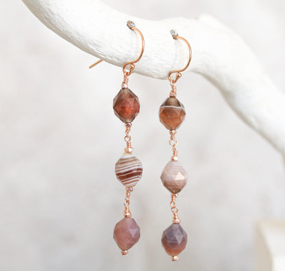Handmade Rose Gold Botswana Agate Drop Earrings: Unique Gemstone Jewelry