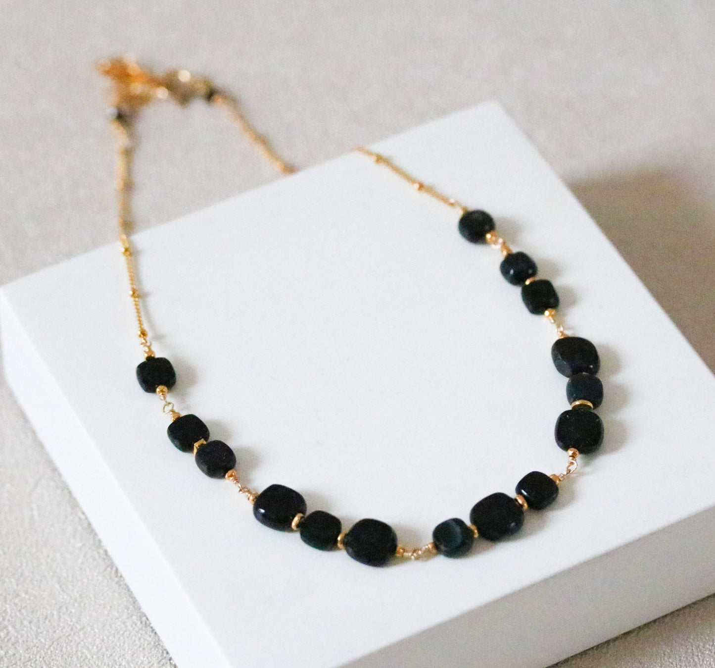 Handmade Black Onyx Gold Necklace: Faceted Cushion Cut Gemstone
