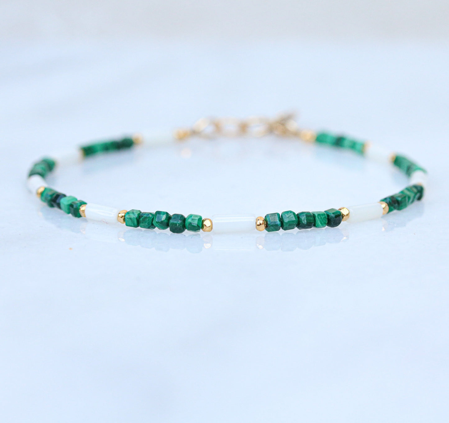 Malachite & Sea Bamboo Bracelet: 14k Gold Filled Accent Beads