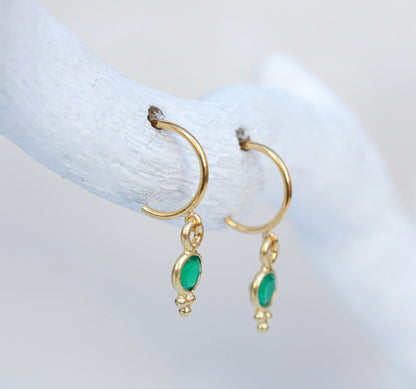 Dainty Green Agate Huggie Hoops: Yellow Gold Vermeil Earrings