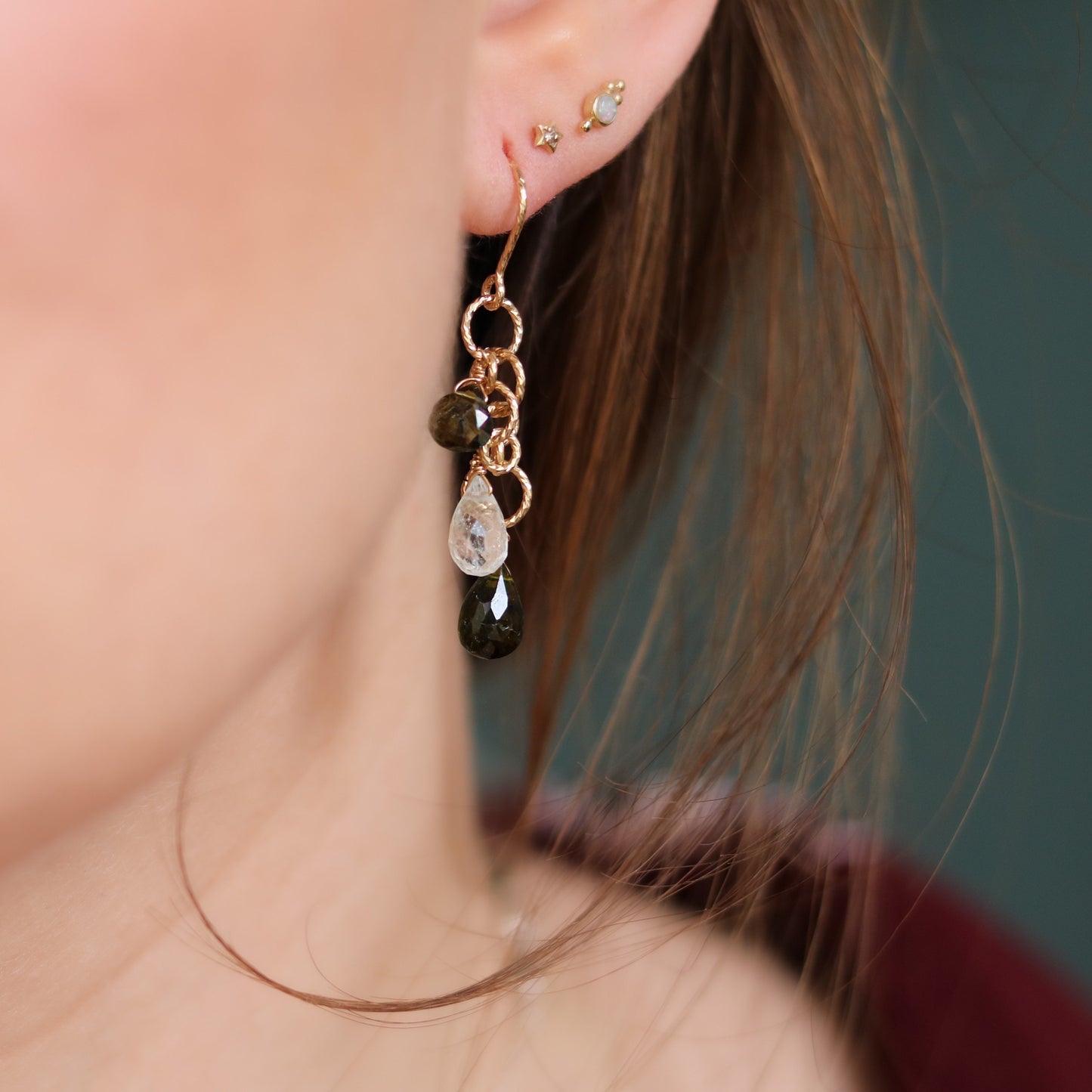 Hammered Gold Filled Earrings: Tourmaline & Aquamarine Gemstone Dangles