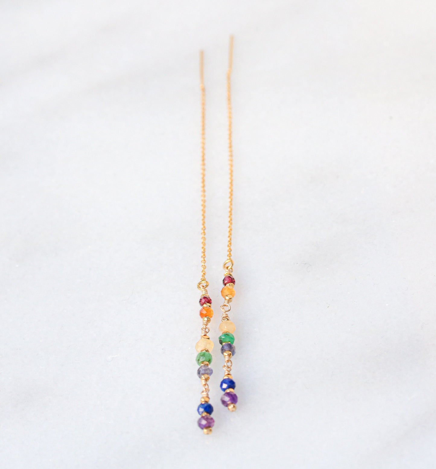 Handmade Rainbow Gemstone Threader Earrings: 14k Gold Fill