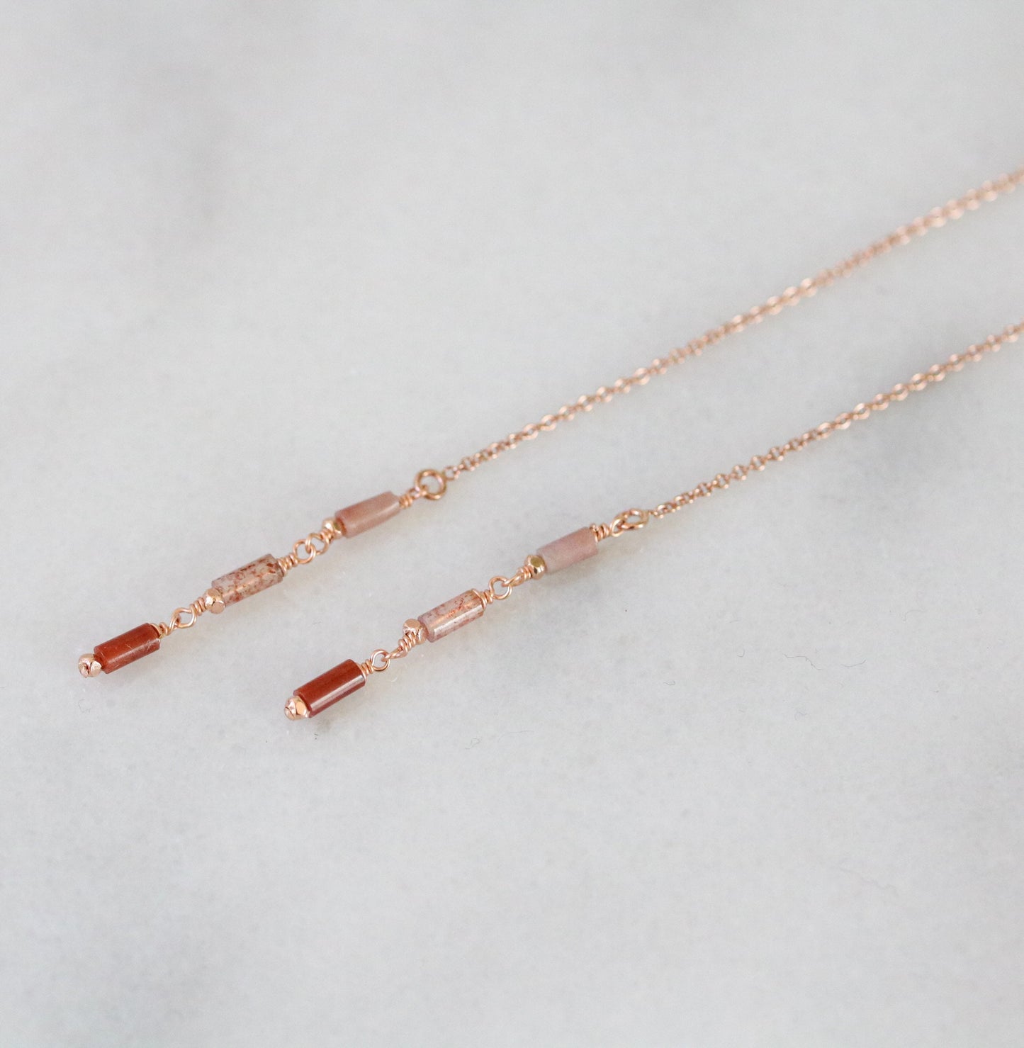 Handmade Indian Agate Threader Earrings: Rose Gold Fill Dangles