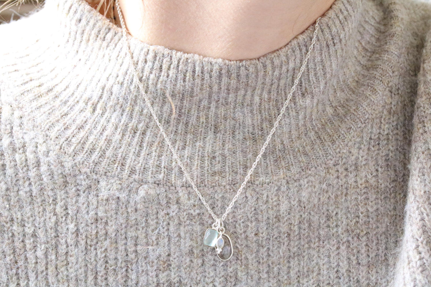 Moonstone, Quartz & Chalcedony Solid Silver Charm Necklace