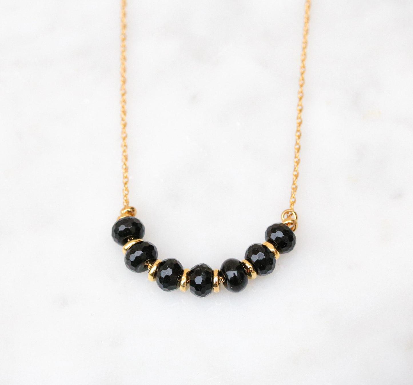 Natural Faceted Black Onyx Rondelle 14ct Gold Fill Necklace with Extender Chain for Perfect Fit Unique Valentine’s Day Gift Idea for Women