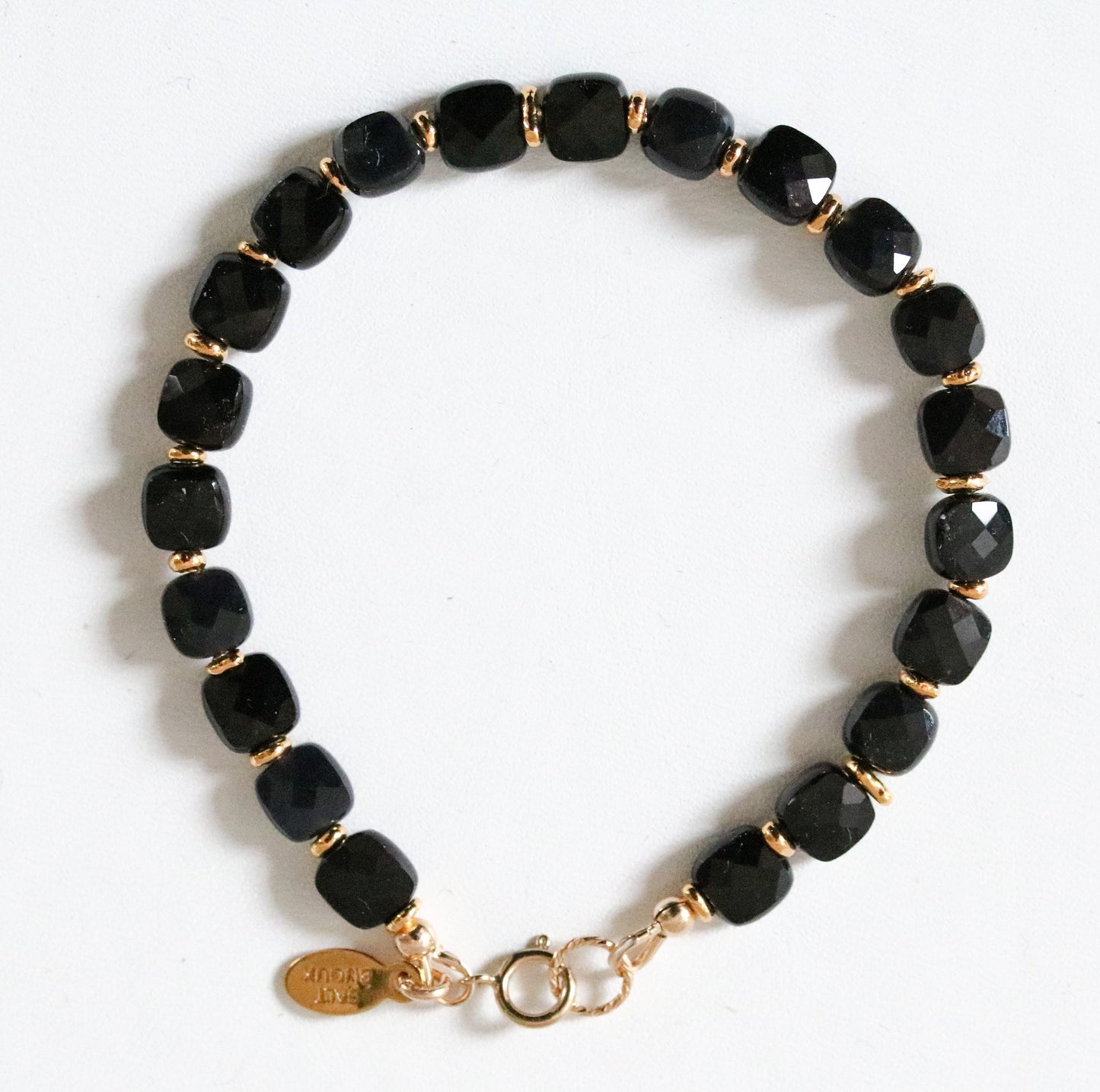 Stylish Black Agate Karen Hill Tribe Gold Fill Square Faceted Cushion Bracelet Gift Idea for GirlsValentines Day Gift IdeaMothers Day