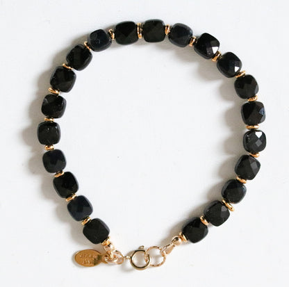 Stylish Black Agate Karen Hill Tribe Gold Fill Square Faceted Cushion Bracelet Gift Idea for GirlsValentines Day Gift IdeaMothers Day