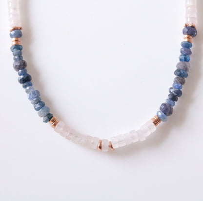 Rose Quartz Sapphire Heishi Necklace: Rose Gold Surfer Choker