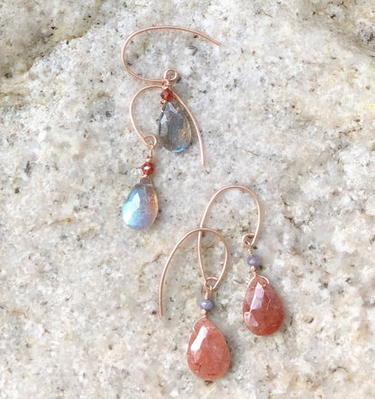 Handcrafted Rose Gold Labradorite Garnet Teardrop Earrings