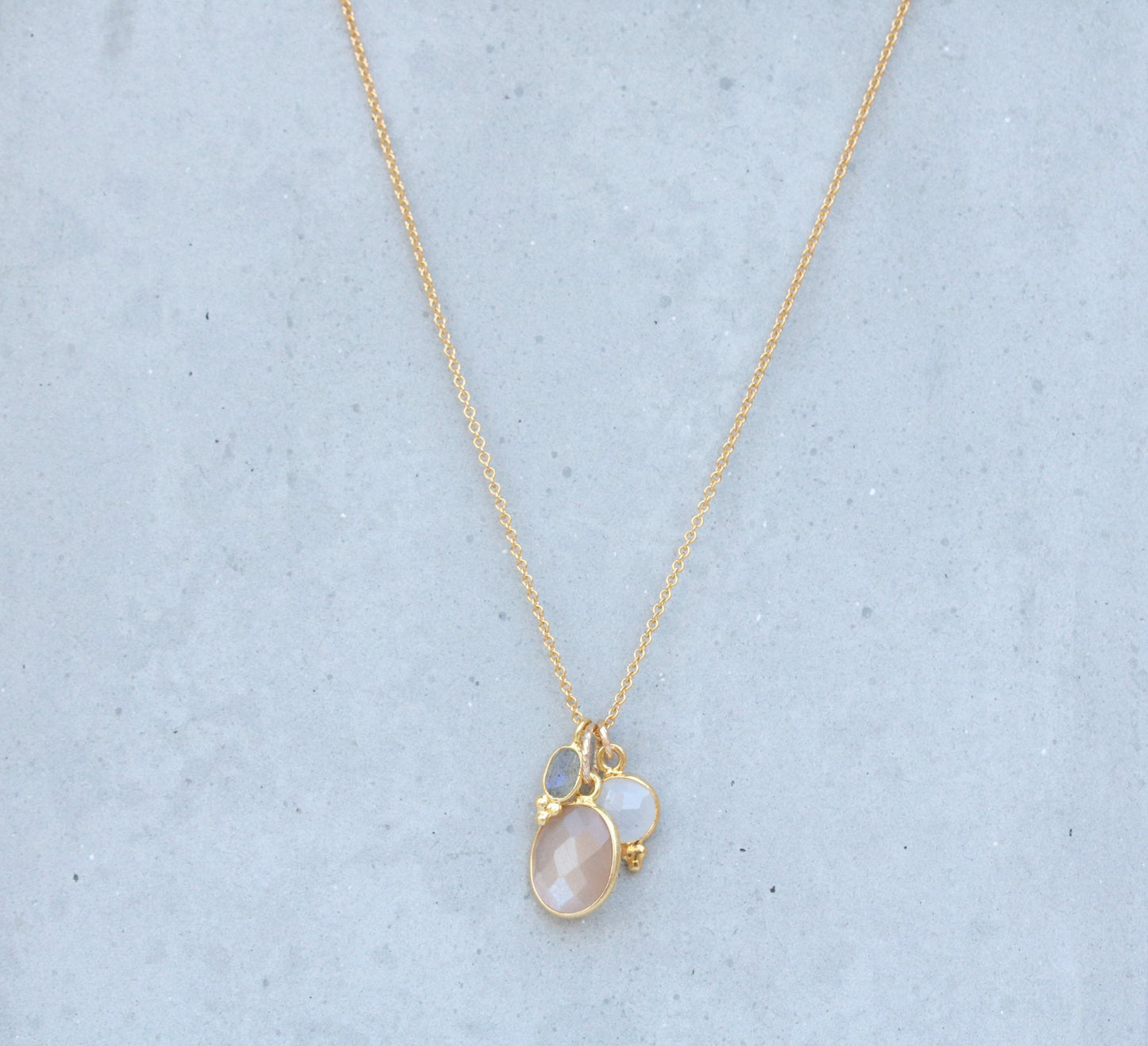 Handmade Gold Charm Necklace: Moonstone, Sunstone & Labradorite Gemstones